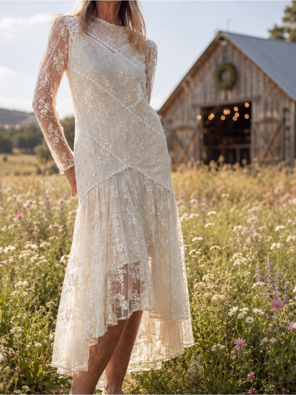 Romantic Boho Lace Wedding Dress / Ivory Sheer / Cottagecore Bridal Gown